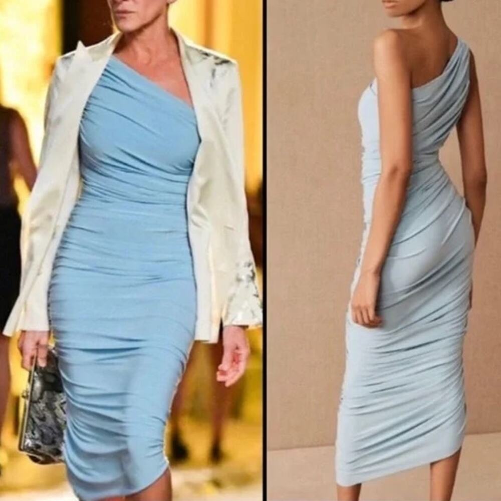 NWT Norma Kamali Diana One Shoulder Ruched Midi Gown Powder Blue Women's XL / 42
